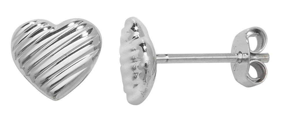 925 Sterling Silver Silver Plain Ribbed Heart Stud Earrings