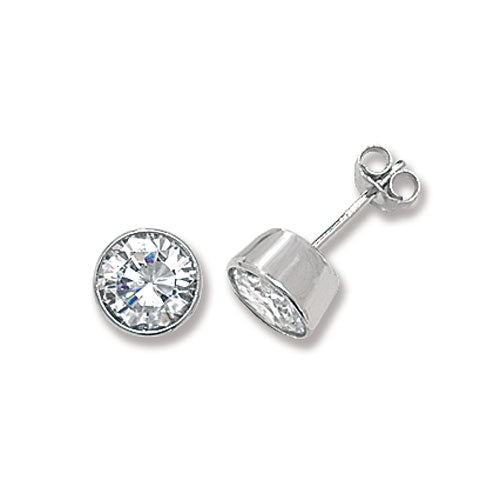 925 Sterling Silver 7mm Rub Over Round Clear Cubic Zirconia Stud Earrings