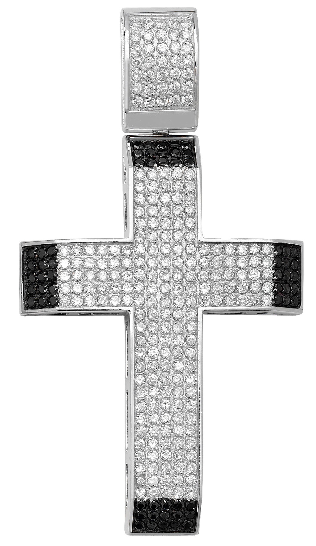 925 Sterling Silver Clear And Black Cubic Zirconia Cross Pendant With Slanted Edges