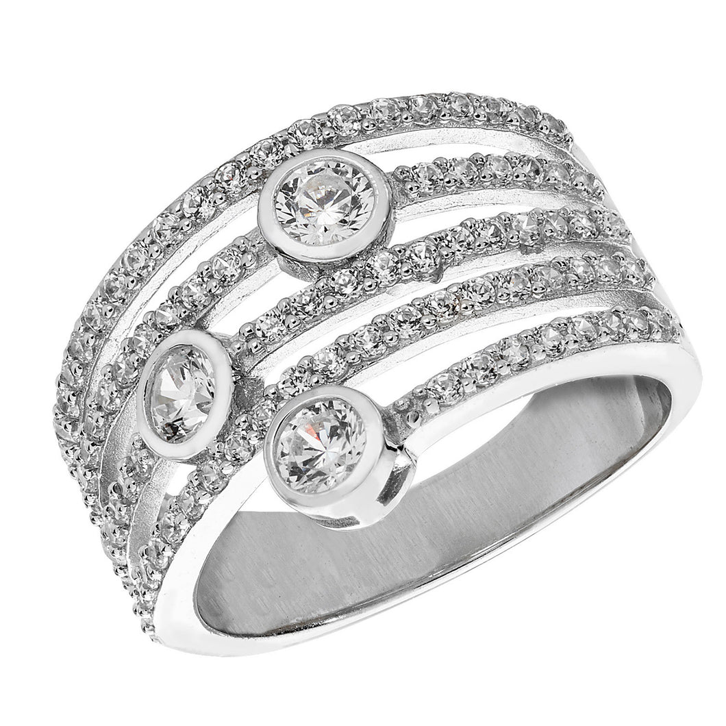 925 Sterling Silver Ladies Wide 5 Row Cubic Zirconia With 3 Rub Over Cubic Zirconia's Fancy Design Ring