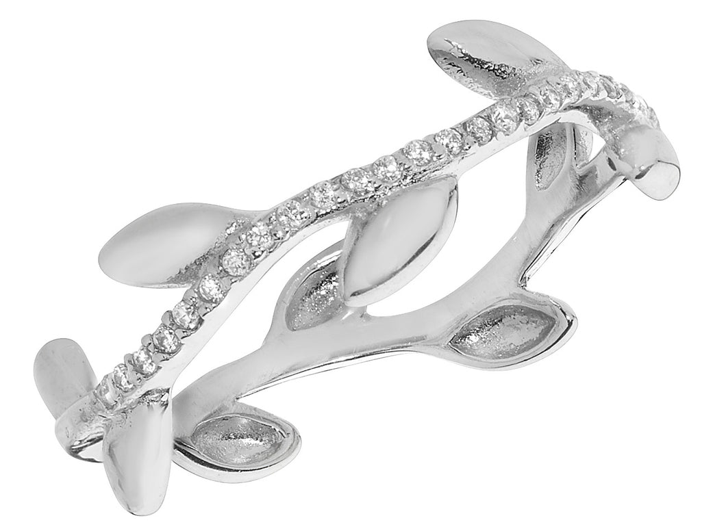 925 Sterling Silver Ladies Cubic Zirconia Band With Leaves Design Ring