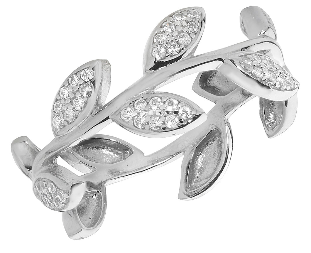 925 Sterling Silver Ladies Plain Band With Cubic Zirconia Leaves Design Ring