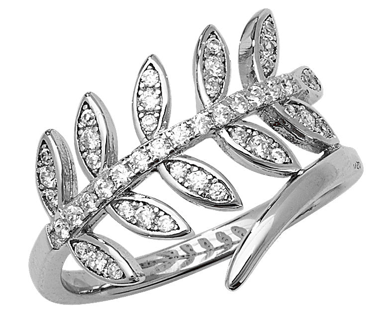 925 Sterling Silver Ladies Coiled Cubic Zirconia Leaves Cross Over Design Ring