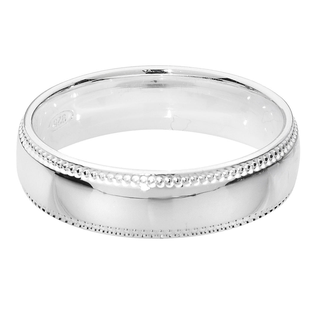 925 Sterling Silver Traditional Court Millgrain 5mm Wedding Band